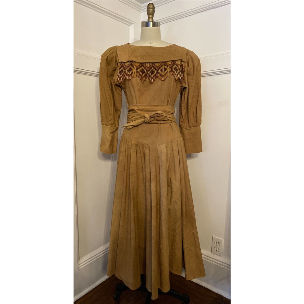 VTG Rare Karen Alexander Multi Pleat Heavy Cotton Blouson Sleeve Beaded Dress M